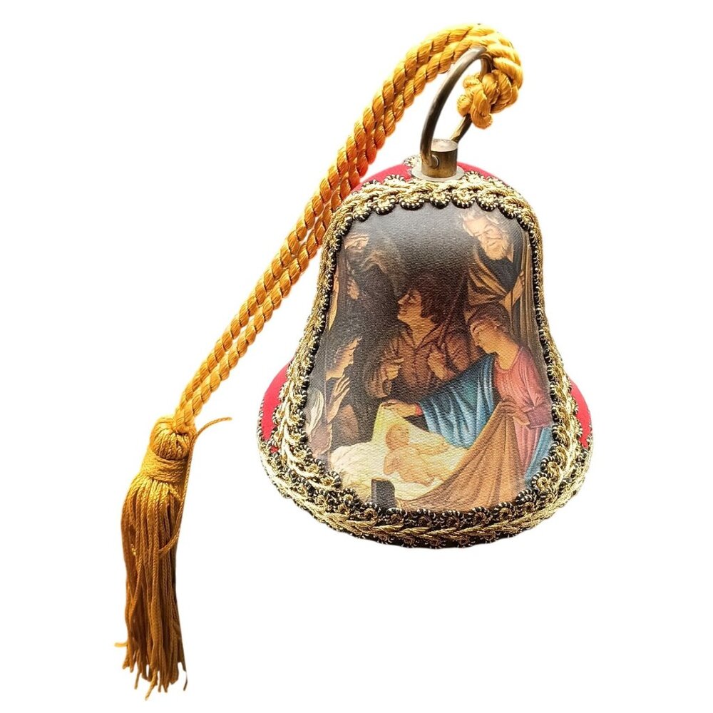 Vintage Reuge Swiss Musical Christmas Bell Ornament Nativity Scene Red & Gold